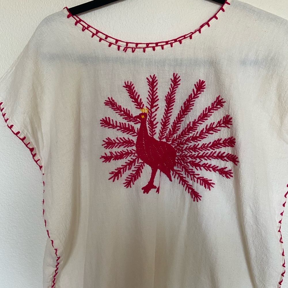 Handmade Cream Dress with Pink Peacock Embroidery